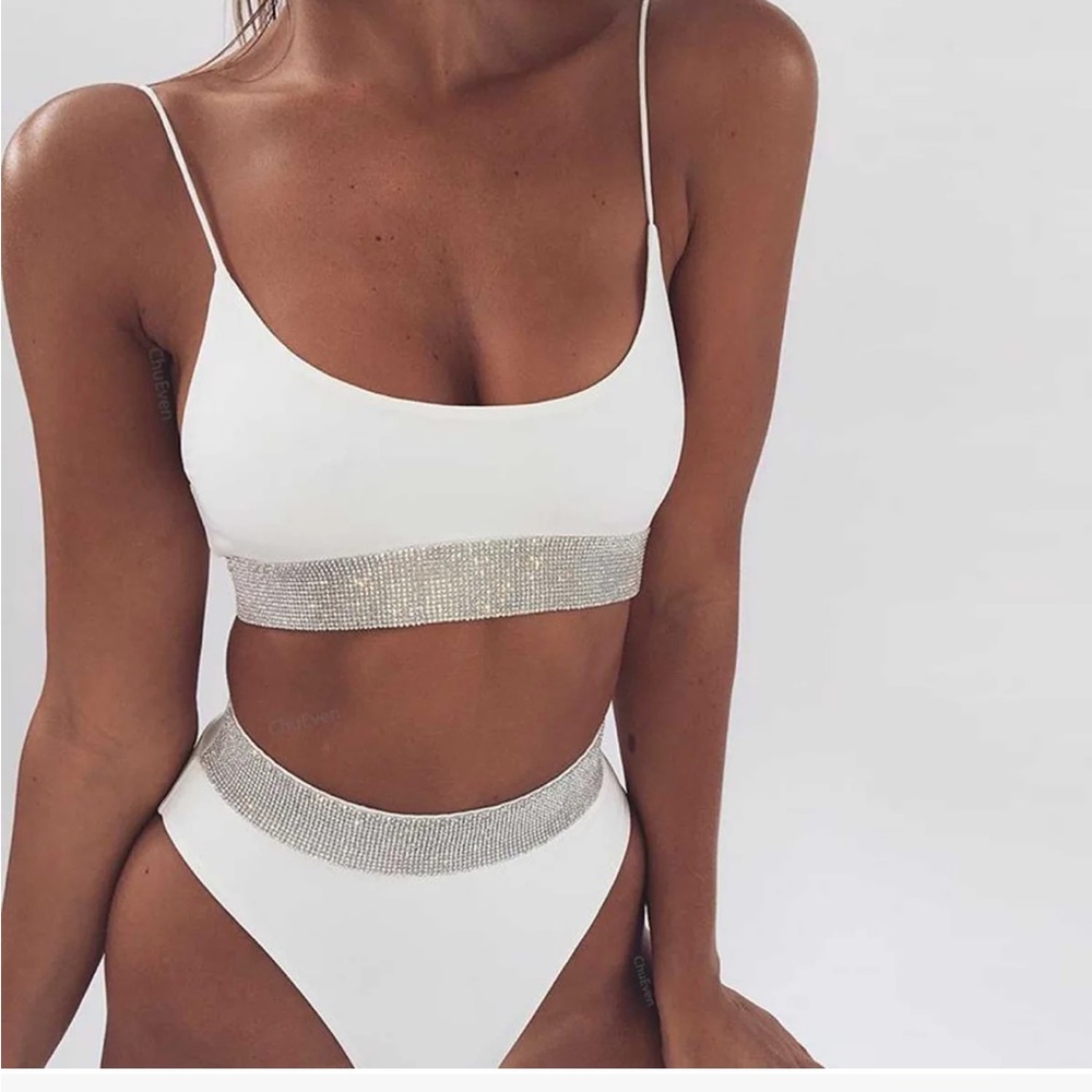 White and Silver Bikini Set with Textured Fabric